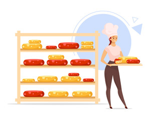 Cheese production flat color vector illustration. Cheesemaking. Female cheesemaker next to shelf with cheese. Woman with tray. Dairy product. Isolated cartoon character on white background