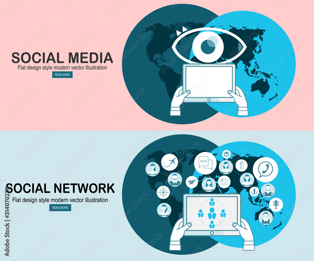 Aufkleber social network vector concept. flat design illustration for web sites infographic design. communicat