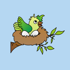 Illustration of Green Bird Wants to Leave its Nest Cartoon, Cute Funny Character, Flat Design