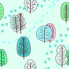 Winter seamless pattern with abstract stylized trees and footprints. Vector background.