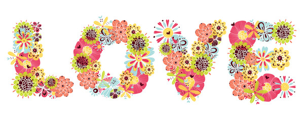 Cute LOVE card as letters decorated with hand drawn flowers.
