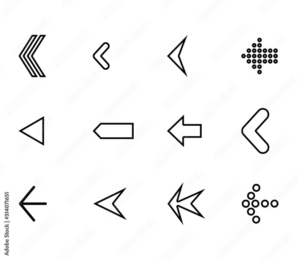 Poster set of different designed arrows. simple black flat vector icons