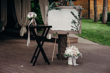 Decoration of outdoor wedding. Romantic flowers