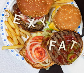 Say No To Junk Food. Juicy burger and fries with words SEXY FAT on it. Anti fast food, time for...