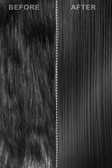 Black hair before and after treatment, straightening