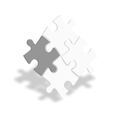 3D jigsaw puzzle pieces. White pieces with one dark grey highlighted. Team cooperation, teamwork or solution business theme. Vector illustration with dropped shadow