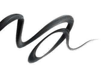 Fototapeta premium Black hair on white background, isolated. Thin curly thread