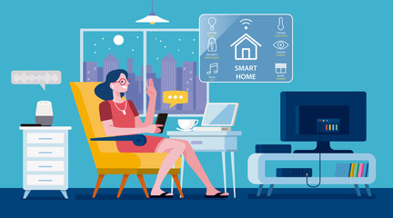 Woman controlled her Smart Home and television by a smart phone