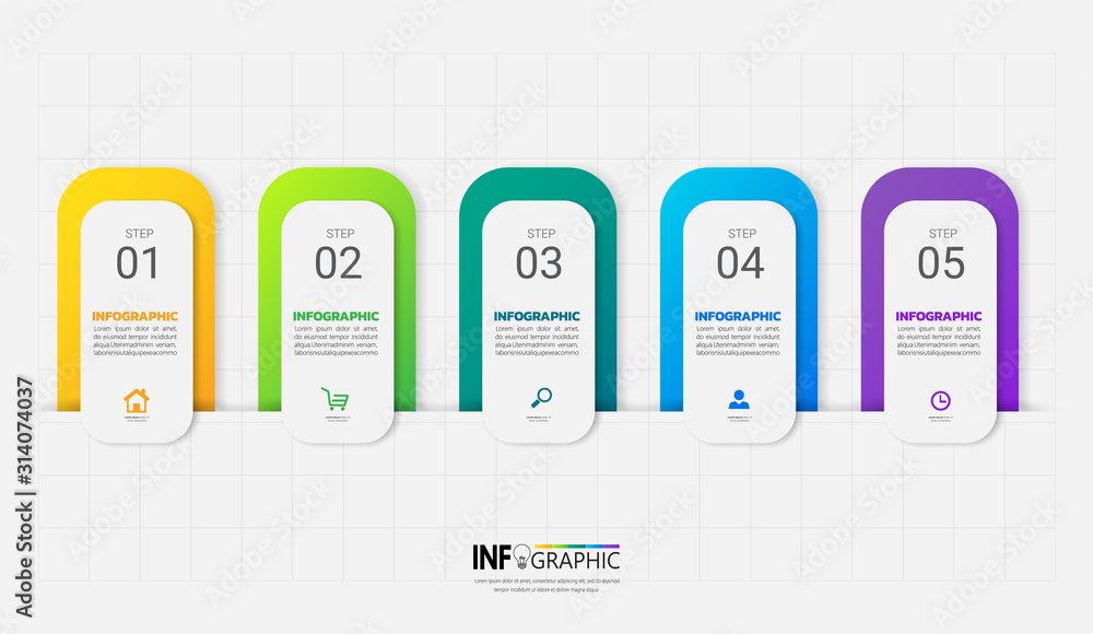 Aufkleber infographics design template, 3d business concept with 5 steps or options, can be used for workflow 