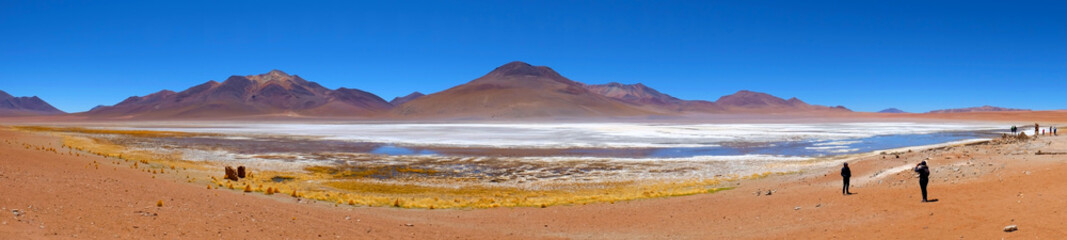 Fototapeta na wymiar Red lake view in Bolivia Uyuni salt desert