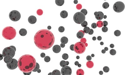 Red-black balls fly. Spheres are randomly scattered on white background. Virus in blood, an infectious disease. 3d render illustration.