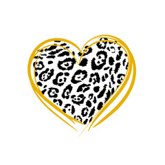 Black leopard pattern in the shape of a heart with orange contours. Concept for fashion design, web, card, postcard. Print for t-shirt or other clothes, fabric, wallpaper. © Liubov