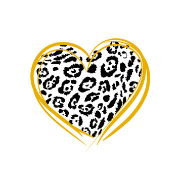 Black leopard pattern in the shape of a heart with orange contours. Concept for fashion design, web, card, postcard. Print for t-shirt or other clothes, fabric, wallpaper.