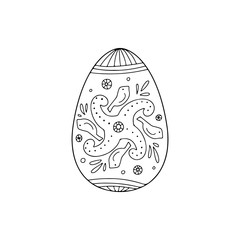 Hand drawn Easter egg with birds, circles , leaves doodle ornament, decorative elements in vector for coloring book. Best for decoration, logo, symbol, print, scrapbooking, greeting card, invitation