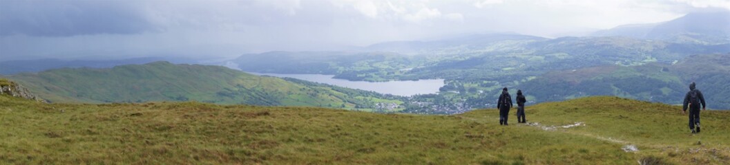 Panorama of Lake District with hikers