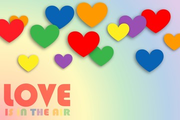 Multi-colored rainbow hearts of different sizes with shadow on a gradient background, and the inscription: love is in the air. Vector illustration template for valentines day