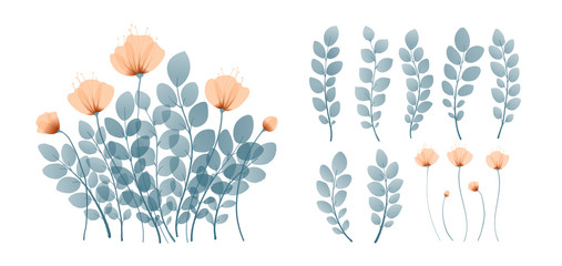 Bouquet of wildflowers with overlay effect. Set of branches with leaves and flowers, design elements, floral decorations. Blanks for wedding, invitation, birthday. Vector illustration isolated on