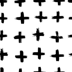 Plus signs and crosses seamless pattern of brush strokes. Vector monochrome grunge texture from X. Scandinavian background for printing on textiles, paper, Wallpaper, print on t-shirts