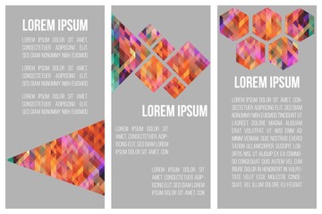 A template set of covers for brochures. Gray background, white text and multicolored, triangles, geometric, abstract, mosaic shapes