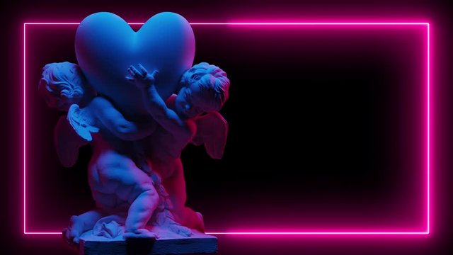 Sculpture Of Two Cupids Hold A Big Heart In Neon light On A Dark Background. 3d Modeled And Animatet Video. Abstract Background For Love Theme. Valentines Day background. Seamless Loop