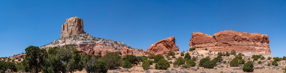 Fototapeta premium Square Butte landscape on a sunny day with mountains an trees, arizona
