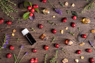 Fototapeta na wymiar Bottles of essential oil with frankincense, wintergreen, lavender, dried rose hips and other herbs