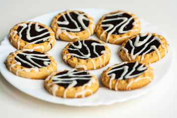 Cookies with chocolate and white icing in a white plate