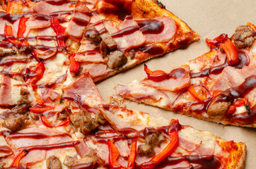 Pizza in a box. Separate piece. Fast food