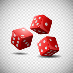 Red dice on isolated transparent background. Vector illustration 