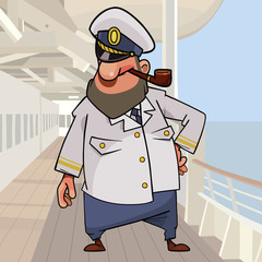 cartoon ship captain with a pipe in his mouth on the deck of the ship