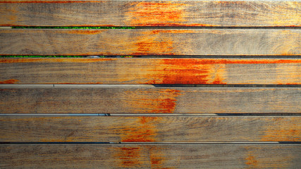 surface of narrow wooden boards of natural color with rust spots