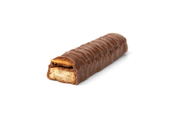 Shortbread stick with caramel in chocolate isolated on white background.