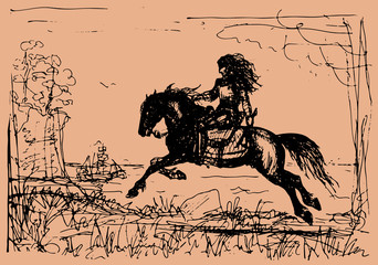 hand drawn, fantasy warrior with long hair rides a horse © Viktoria Suslova