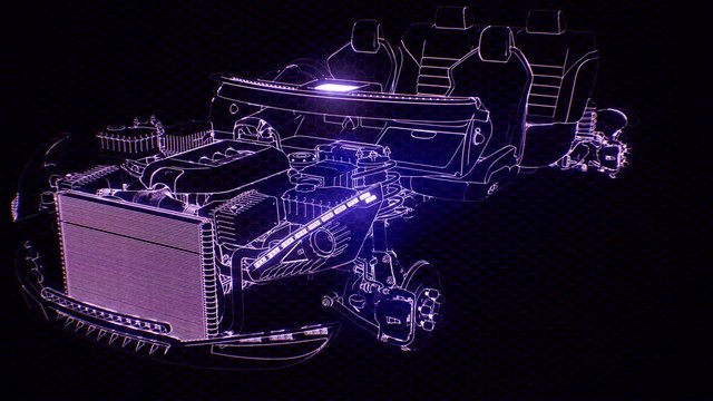 Holographic animation of 3D wireframe car model with engine and otter technical parts