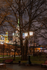 Festive winter lighting of the historical center of the Russian capital near Kremlin and Red sqare. Alexander Garden.