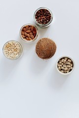 Various raw cereals, grains in glass jars. The concept of zero waste, food storage in the kitchen, healthy nutrition. Top view, copy space for text.