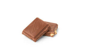  Milk chocolate with nuts isolated on white background.