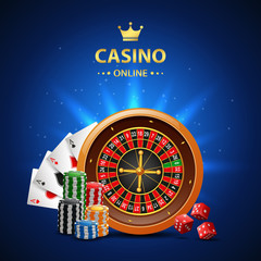 Casino online background with roulette wheel, chips poker and playing cards. Vector illustration