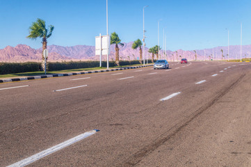 Highway and transport in the desert. Travel to the Middle East. Egypt, Sharm El Sheikh