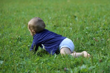 Niemowlak bawiący się na trawie