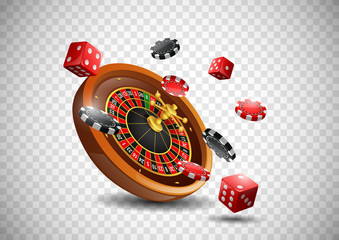 Casino roulette wheel with chips poker and red dice on isolated transparent background. Vector illustration 