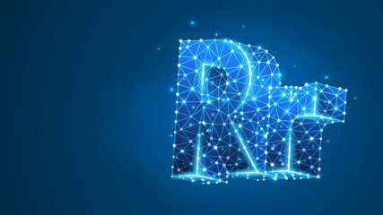 Alphabet letter R. Design of an Uppercase and lowercase english letters. Banner, template or a pattern. Abstract digital wireframe, low poly mesh, Raster blue neon 3d illustration. Triangle, line, dot