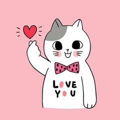 Cartoon cute Valentines day  cats and mini heart vector.
