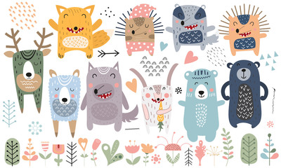 Cute scandinavian animals. Hand drawn. Doodle cartoon animals for nursery posters, cards, t-shirts. Vector illustration. Bear, hedgehog, llama, fox, hare, wolf, deer, badger, flowers, tree and plants.