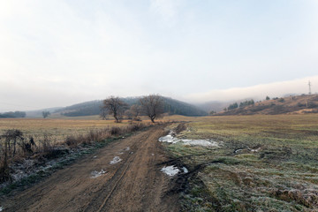 Frosty road on a winter day