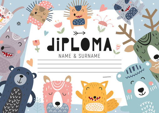Diploma template with forest animals for kids, certificate background with hand drawn cute fox, llama, bear, deer, badger and hedgehog for school, kindergarten. Vector illustration. Place for text.