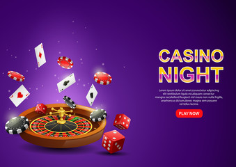 Casino roulette wheel with chips poker, playing cards and red dice on sparkling purple background. Vector illustration