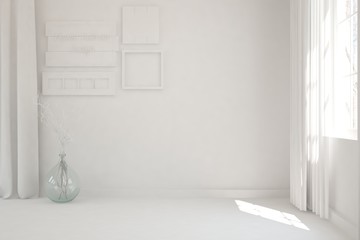 Empty room in white color with glass vase. Scandinavian interior design. 3D illustration