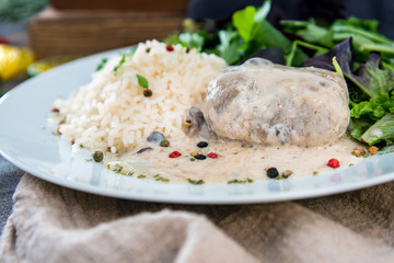 Veal Paupiette stewed with cream and rice