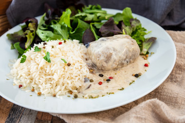 Veal Paupiette stewed with cream and rice